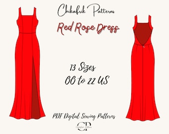 Red Rose Slit Maxi Dress Sewing Pattern: Open Back Gown (PDF Pattern)