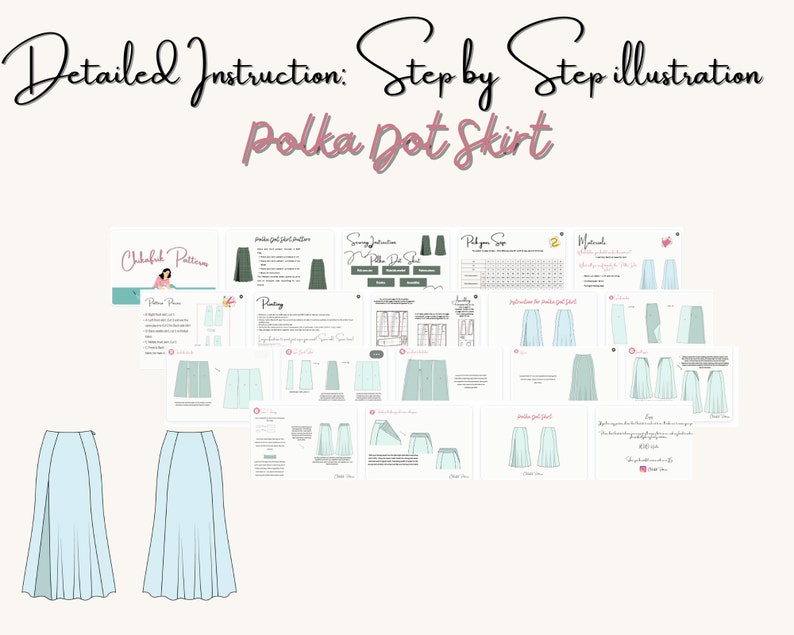 May include: Detailed instruction for a Polka Dot Skirt, step-by-step illustration. The image shows a light blue skirt design with detailed instructions and diagrams for sewing the skirt. The text includes "Polka Dot Skirt" and "Chalked Patterns".