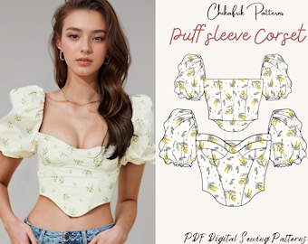 Modello di cucito da donna con maniche a sbuffo corsetto/modello di cucito bustier/modello di cucito digitale/modello di camicetta corsetto/modello di cucito pdf in 10 misure