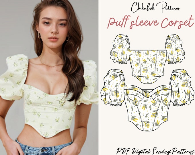 Corset puff sleeve women sewing pattern|bustier sewing pattern| digital sewing pattern|corset blouse pattern|10 sizes pdf sewing pattern