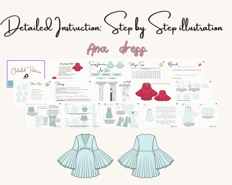 May include: A digital sewing pattern for an Ana dress with a step-by-step illustration guide. The pattern includes instructions for cutting, sewing, and finishing the dress. The dress has a V-neck, a fitted bodice, and a full skirt with a gathered ruffle at the hem. The sleeves are long and bell-shaped.