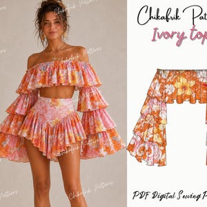 May include: An off-the-shoulder crop top featuring long, tiered ruffled sleeves and a vibrant orange, pink, and yellow floral pattern. The design includes a technical illustration of the garment labeled Chikafrik Patterns Ivory top PDF Digital Sewing Patterns.