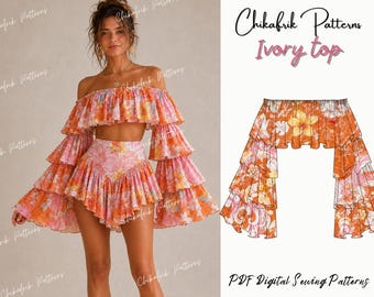 Boho Off Shoulder Ruffle Sleeve Blouse Sewing Pattern PDF| Summer Statement Bell Sleeve Crop Top|Festival Hippie Top Pattern | 15sizes