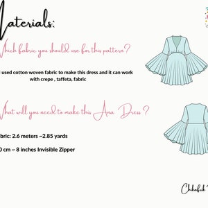May include: A digital illustration of a light blue dress with long, flowing sleeves. The text "Materials: Which fabric you should use for this pattern? Fabric: I used cotton woven fabric to make this dress and it can work with crepe, taffeta, fabric What will you need to make this Ana Dress? &bull; Fabric: 2.6 meters ~2.85 yards &bull; 20 cm ~ 8 inches Invisible Zipper" is also included in the image.