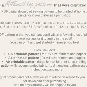 Pu&ograve; includere: Un cartamodello da cucire digitale scaricabile per una blusa stile Milkmaid. Il cartamodello include 7 taglie: XXS a XXL, 34, 36-38-40-42-44-46 taglia europea, (4-6-8-10-12-14-16 taglia US), (6-8-10-12-14-16-18 taglia UK). Il cartamodello include istruzioni per la stampa e l'assemblaggio della blusa.