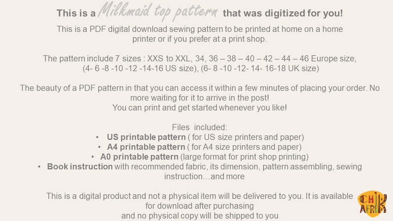 Pu&ograve; includere: Un cartamodello da cucire digitale scaricabile per una blusa stile Milkmaid. Il cartamodello include 7 taglie: XXS a XXL, 34, 36-38-40-42-44-46 taglia europea, (4-6-8-10-12-14-16 taglia US), (6-8-10-12-14-16-18 taglia UK). Il cartamodello include istruzioni per la stampa e l'assemblaggio della blusa.
