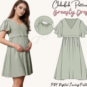Könnte beinhalten: Ein digitales Schnittmuster für ein grünes, kurzärmeliges Kleid mit einem gerafften Rock und einem V-Ausschnitt. Das Schnittmuster heißt "Breasty Dress" und stammt von Chikafrik Patterns. Der Text "PDF Digital Sewing Patterns" ist ebenfalls enthalten.