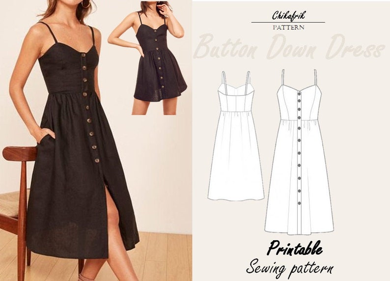 Dress pattern|Buttondown dress pattern|PDF sewingpattern|7Sizes |sundress mini & midi dress pattern|Us letter/A4/A0/Projector sewingpattern 