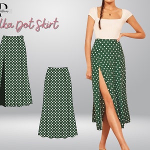 May include: A green polka dot skirt with a high slit. The skirt is paired with a white top. The image also shows a pattern design of the skirt. The text "Polka Dot Skirt" is displayed in pink cursive font.