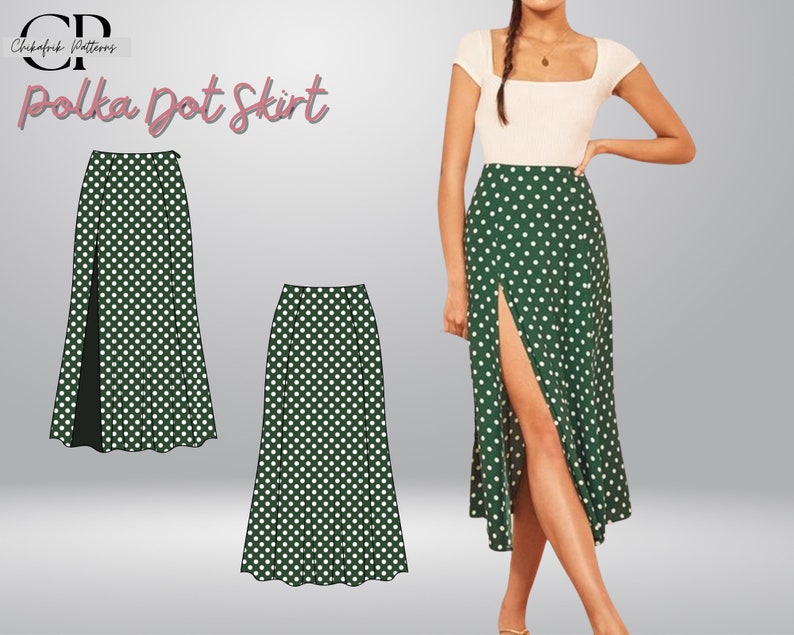 May include: A green polka dot skirt with a high slit. The skirt is paired with a white top. The image also shows a pattern design of the skirt. The text "Polka Dot Skirt" is displayed in pink cursive font.