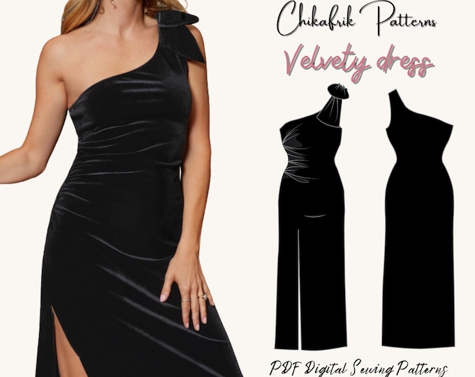 Velvet One-Shoulder Maxi Dress Sewing Pattern: Stretchy Fabric, 15 Sizes (PDF Pattern)