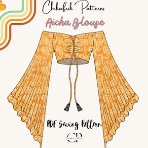 Op de afbeelding: Een digitale illustratie van een 70s-stijl off-shoulder blouse met een paisley print en lange bell sleeves. De tekst "Chikafrik Patterns Aicha Blouse PDF Sewing Pattern" is opgenomen in de afbeelding.