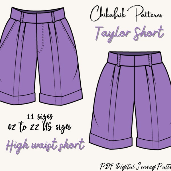 Taylor high waist short| short sewing pattern| 10 Sizes XXS to XXL |Women sewing pattern PDF sewing pattern Wide Pleated Shorts