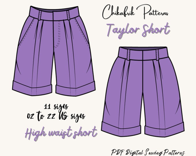 Taylor high waist short| short sewing pattern| 10 Sizes XXS to XXL |Women sewing pattern PDF sewing pattern Wide Pleated Shorts