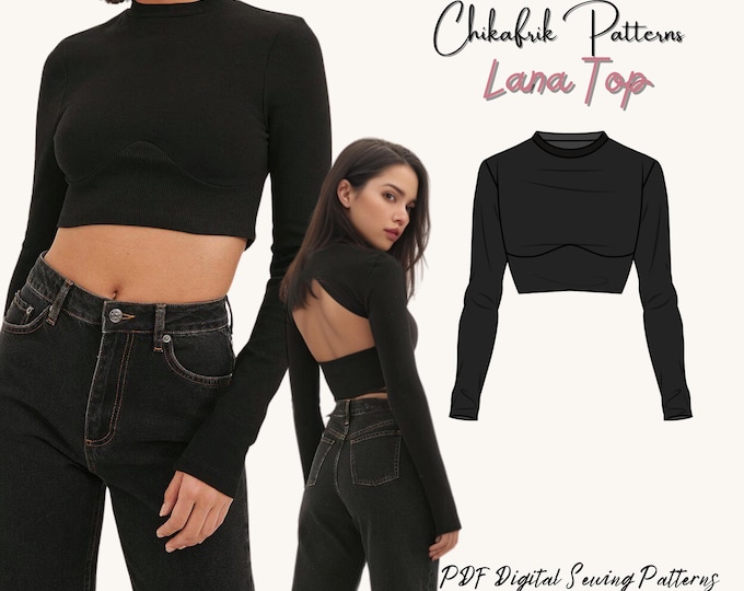 Lana top pattern|Turtleneck & Mock Neck Top Digital PDF Sewing Pattern|women top sewing pattern|Back cut out crop top sewing pattern|15sizes