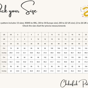 May include: Size chart for a sewing pattern with measurements in inches and centimeters for bust, full hip, and waist. The chart includes sizes XXXS to 4XL, corresponding to US sizes 00 to 22, UK sizes 2 to 26, and European sizes 30 to 54.