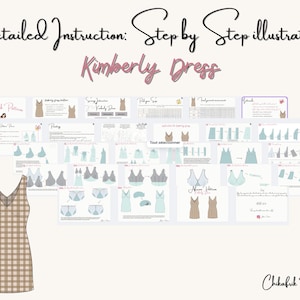 May include: Detailed instruction for the Kimberly Dress, a step-by-step illustration. The image shows a plaid dress design and various diagrams. The text includes "Chikafrik Patterns".