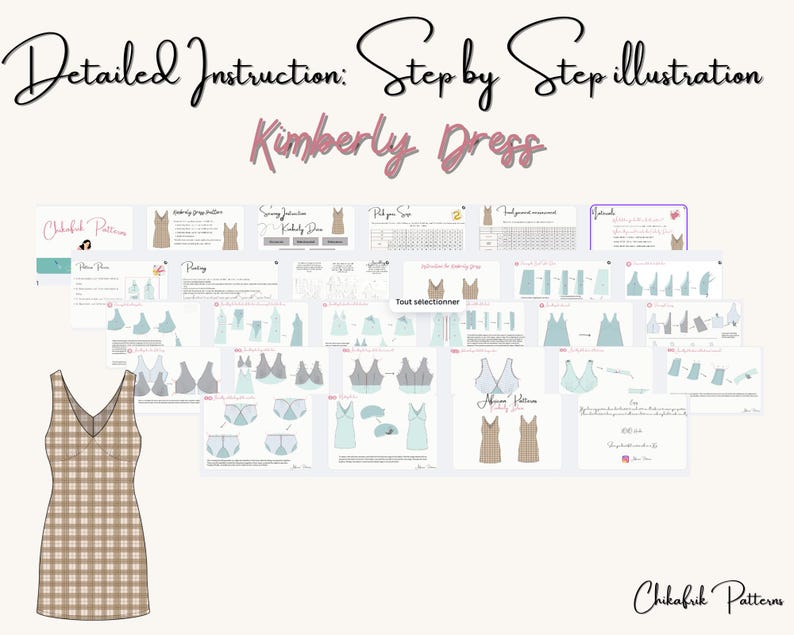 May include: Detailed instruction for the Kimberly Dress, a step-by-step illustration. The image shows a plaid dress design and various diagrams. The text includes "Chikafrik Patterns".