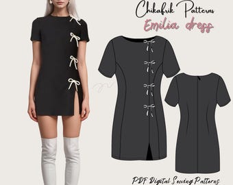 Peut inclure: Patron de couture numérique pour une robe noire avec une fente sur le côté et des détails de nœuds blancs. Le patron s'appelle "Emilia dress" et provient de "Chikafrik Patterns".