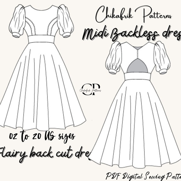 Midi backless dress pattern|puff sleeve dress pattern women sewing pattern|midi dress sewing pattern|wedding dress prom dress formal dress