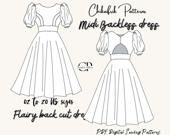 Midi backless dress pattern|puff sleeve dress pattern women sewing pattern|midi dress sewing pattern|wedding dress prom dress formal dress