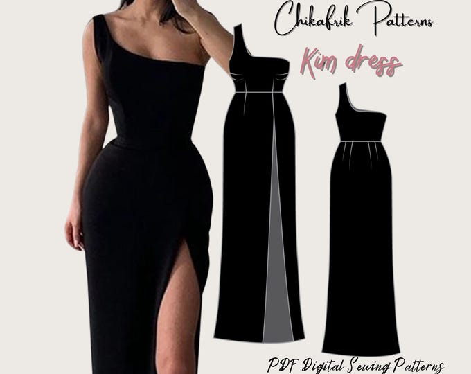 Kim dress pattern| Slit one shoulder maxi dress pattern|women dress pattern|Dress sewing pattern|13size PDF Slit Dress Pattern|evening dress