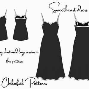Heart dress 10sizesSweetheart DressMinimal Bodycon Dress Digital Sewing PatternHeart Neckline short&long Dress Graduation dress image 1