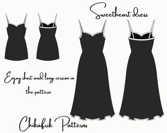 Heart dress 10sizes|Sweetheart Dress|Minimal Bodycon Dress Digital Sewing Pattern|Heart Neckline short&long Dress |Graduation dress