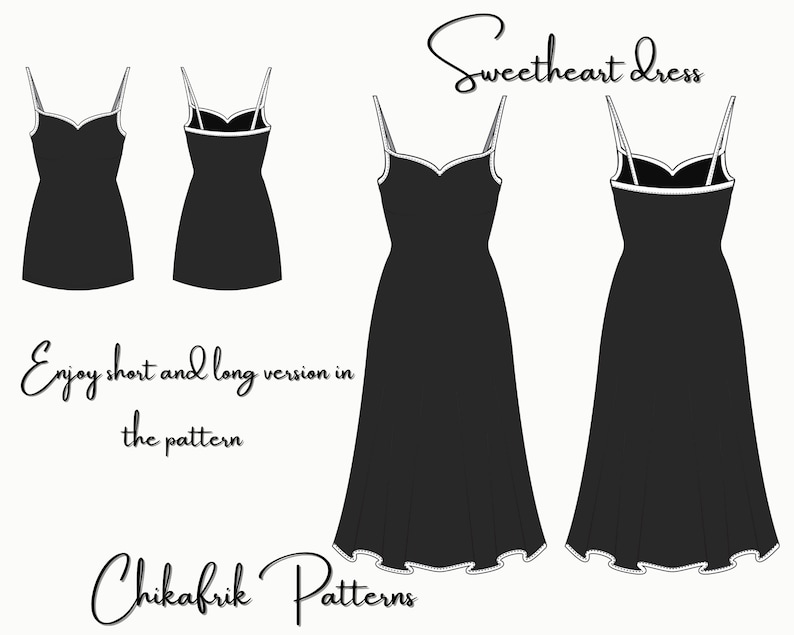 Heart dress 10sizesSweetheart DressMinimal Bodycon Dress Digital Sewing PatternHeart Neckline short&long Dress Graduation dress image 1