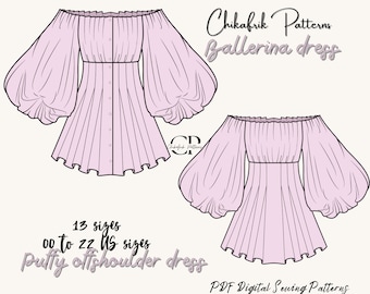 Ballerina dress pattern|off shoulder puff sleeve dress sewing pattern|women dress sewing pattern|puffy sleeve dress pattern|13 sizes pattern