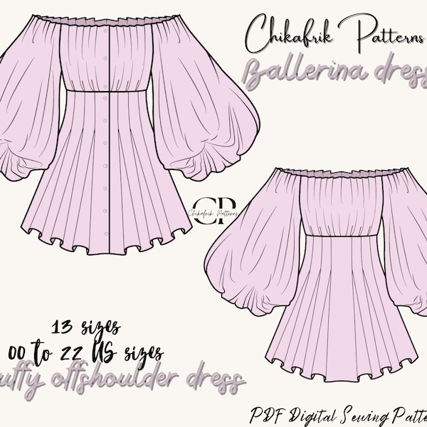 Ballerina dress pattern|off shoulder puff sleeve dress sewing pattern|women dress sewing pattern|puffy sleeve dress pattern|13 sizes pattern