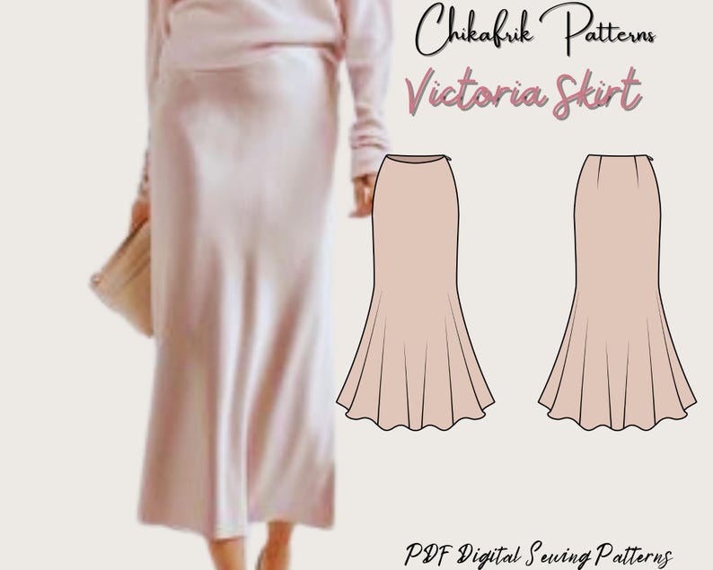 May include: A digital sewing pattern for a Victoria skirt. The pattern includes two illustrations of the skirt, one with a fitted top and one with a flared bottom. The text "Chikafrik Patterns" and "Victoria Skirt" is displayed at the top of the image. The text "PDF Digital Sewing Patterns" is displayed at the bottom of the image.