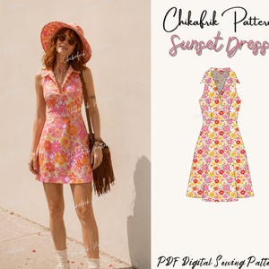 May include: A sleeveless floral print dress in shades of pink, orange, and yellow. The dress has a collared neckline and a flared skirt. The image also features a matching hat and the text "Chikafrik Patterns Sunset Dress" and "PDF Digital Sewing Patterns".