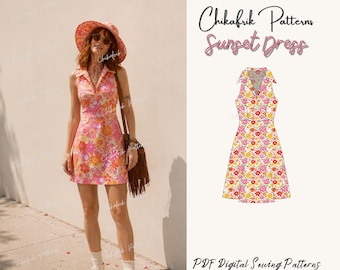 Schnittmuster für ein Sonnenuntergangskleid (PDF), Retro-Minikleid im 70er-Jahre-Stil, Boho-Kleid mit Kragen, A-Linien-Kleid im Vintage-Stil, Damen-Schnittmuster