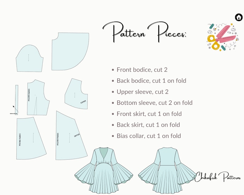 May include: A sewing pattern for a dress with a ruffled skirt and bell sleeves. The pattern includes instructions for cutting out the fabric pieces, which are labeled with the names of the different parts of the dress. The pattern also includes a diagram of the finished dress.