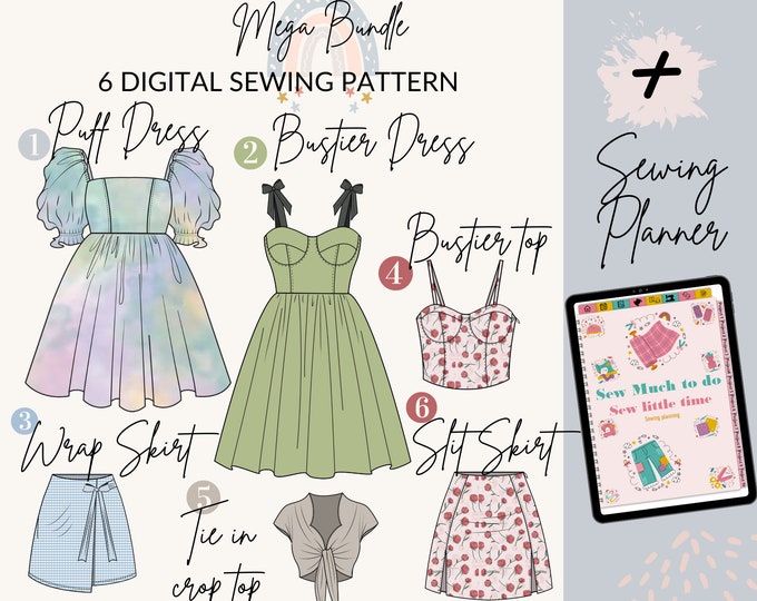 sewing pattern||Mega Bundle 6 digital sewing patterns +Digital sewing planner|women sewing pattern dress pattern skirt pattern sewing gift