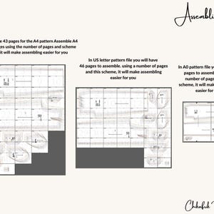 Może przedstawiać: Diagram z napisem "Assembling" w kursywie. Przedstawia schematy składania wykroj&oacute;w dla format&oacute;w A4, US letter i A0, z instrukcjami dotyczącymi liczby stron potrzebnych dla każdego z nich.
