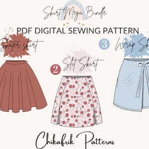 Skirt pattern |women sewing pattern sizes US 4to16|Mega bundle wrap skirt pattern+ Skater Skirt pattern +Slit skirt pattern