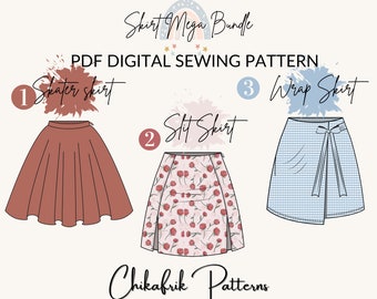 Skirt Sewing Pattern Bundle: Skater, Slit, Wrap (US 4-16) (PDF Pattern)