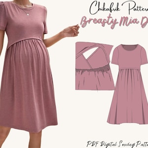 May include: A dusty rose maternity dress with short sleeves and a gathered waist. The dress features a round neckline and a knee-length skirt. The image also includes a diagram of the dress and the text "Chikafrik Patterns Breasty Mia Dress" and "PDF Digital Sewing Patterns."