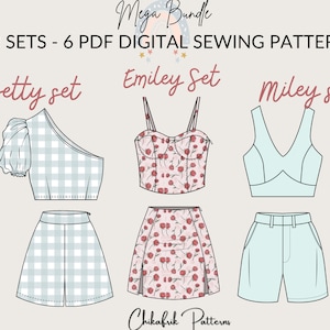 Bundle sewing pattern|3 sets Bustier pattern slit skirt pattern|one shoulder crop top High waist short pattern|V neckline top Pleated short