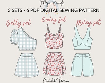 Bundle sewing pattern|3 sets Bustier pattern slit skirt pattern|one shoulder crop top High waist short pattern|V neckline top Pleated short