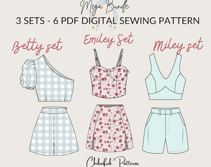 Bundle sewing pattern|3 sets Bustier pattern slit skirt pattern|one shoulder crop top High waist short pattern|V neckline top Pleated short