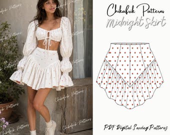 Midnight Skirt Sewing Pattern PDF, Cottagecore Mini Skirt Pattern, Ruffle Hem Skirt, Coquette Skirt Pattern, Romantic Boho Skirt 15sizes