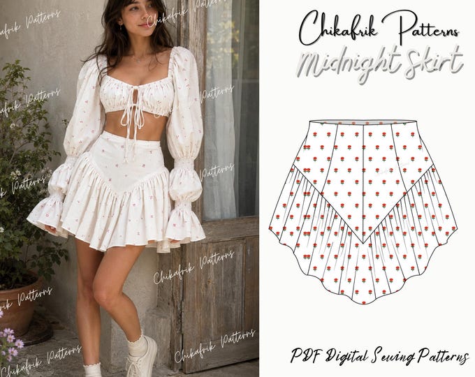 Midnight Skirt Sewing Pattern PDF, Cottagecore Mini Skirt Pattern, Ruffle Hem Skirt, Coquette Skirt Pattern, Romantic Boho Skirt 15sizes