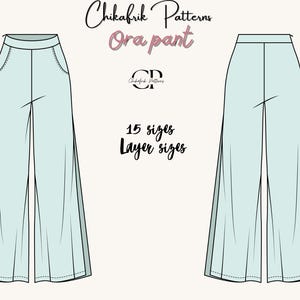 May include: A digital illustration of a pair of wide-leg pants with a side seam detail. The pants are light blue with a white seam. The text "Chikafrik Patterns Ora pant" is at the top of the image. The text "15 sizes Layer sizes" is in the center of the image.