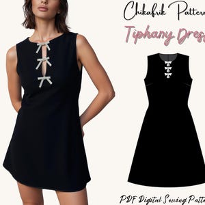 May include: A sleeveless black dress with three silver bow accents at the neckline. The dress has a slight A-line shape. The image also includes the text "Chikafrik Patterns Tiphany Dress" and "PDF Digital Sewing Patterns."