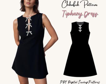 May include: A sleeveless black dress with three silver bow accents at the neckline. The dress has a slight A-line shape. The image also includes the text "Chikafrik Patterns Tiphany Dress" and "PDF Digital Sewing Patterns."
