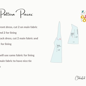 K&ouml;nnte beinhalten: Ein Schnittmuster f&uuml;r ein Kleid mit zwei Schnittteilen, die mit A und B gekennzeichnet sind. Die Schnittteile sind auf hellblauem Papier gedruckt. Der Text "Pattern Pieces" ist oben im Bild in Schwarz geschrieben. Der Text "Front dress, cut 2 on main fabric and 2 for lining" und "Back dress, cut 2 main fabric and 2 for lining" ist in Schwarz unter den Schnittteilen geschrieben. Der Text "You will use same fabric for lining and main fabric to have nice tie finsih" ist unten im Bild in Schwarz geschrieben.