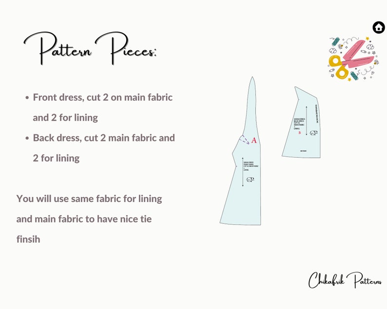 K&ouml;nnte beinhalten: Ein Schnittmuster f&uuml;r ein Kleid mit zwei Schnittteilen, die mit A und B gekennzeichnet sind. Die Schnittteile sind auf hellblauem Papier gedruckt. Der Text "Pattern Pieces" ist oben im Bild in Schwarz geschrieben. Der Text "Front dress, cut 2 on main fabric and 2 for lining" und "Back dress, cut 2 main fabric and 2 for lining" ist in Schwarz unter den Schnittteilen geschrieben. Der Text "You will use same fabric for lining and main fabric to have nice tie finsih" ist unten im Bild in Schwarz geschrieben.